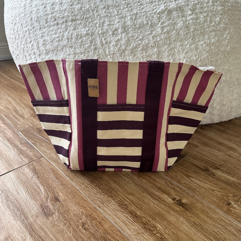 NEW Victoria’s Secret NEW Striped Large Canvas Tote Bag with zipper